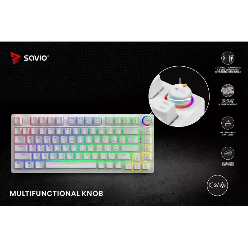 SAVIO PHENIX WHITE bezvadu mehāniskā tastatūra, Gateron Red Pro, ABS