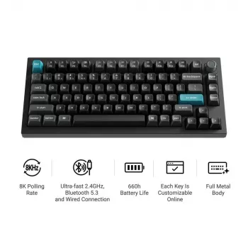 Mehāniskā 75% tastatūra Keychron Q1 Ultra 8K — USB + RF bezvadu + Bluetooth, RGB, melna