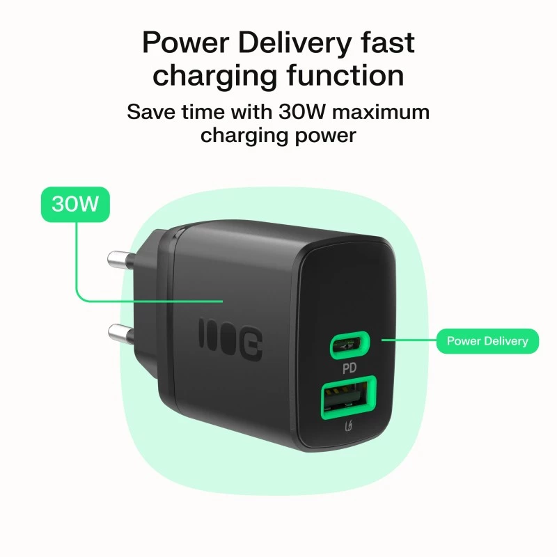 Lādētājs zaļa Cell PowerSource Duo30 – 1× USB-A, 1× USB-C, 3A