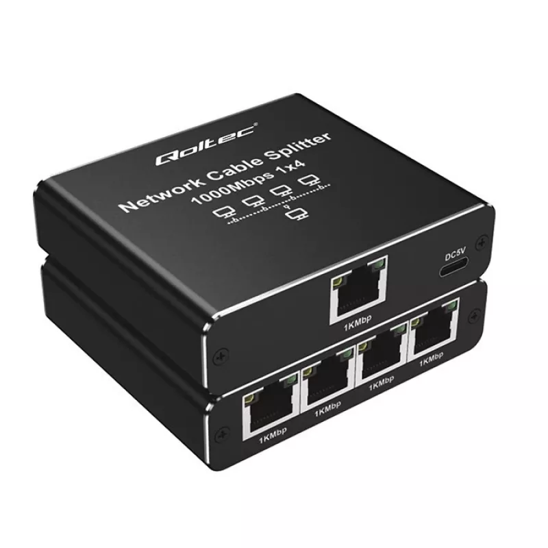 Ethernet mini slēdzis QOLTEC 52293 1x4 RJ45, 1-ieeja 4-izejas nepārvaldāms tīkla sadalītājs