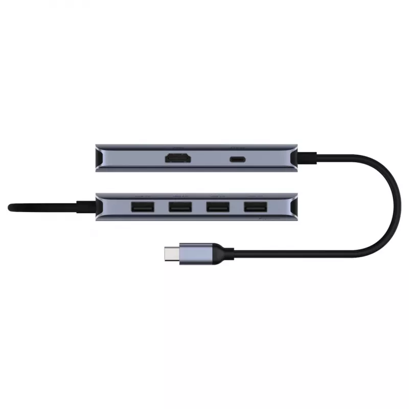 USB-C centrmezgls Cudy UH500 — USB 3.2 Gen 1 Type-C resursdators, 6 porti ar USB 3.2 Gen 1 Type-A un HDMI, 5000 Mbit/s, pelēks/sudrabains