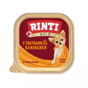 Mitrā suņu barība RINTI Gold Mini — Tītars ar Trusi, pilnvērtīga barība, 100 g paplāte, maziem pieaugušiem suņiem (5–10 kg)