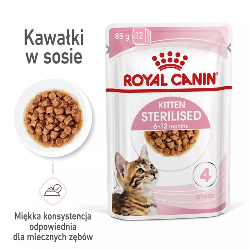 Mitrā kaķu barība Royal Canin Sterilised Gravy, 12 x 85 g maisiņi — vistas gaļa, sterilizētiem/kastrētiem kaķēniem, 11% olbaltumvielu, 80,5% mitruma