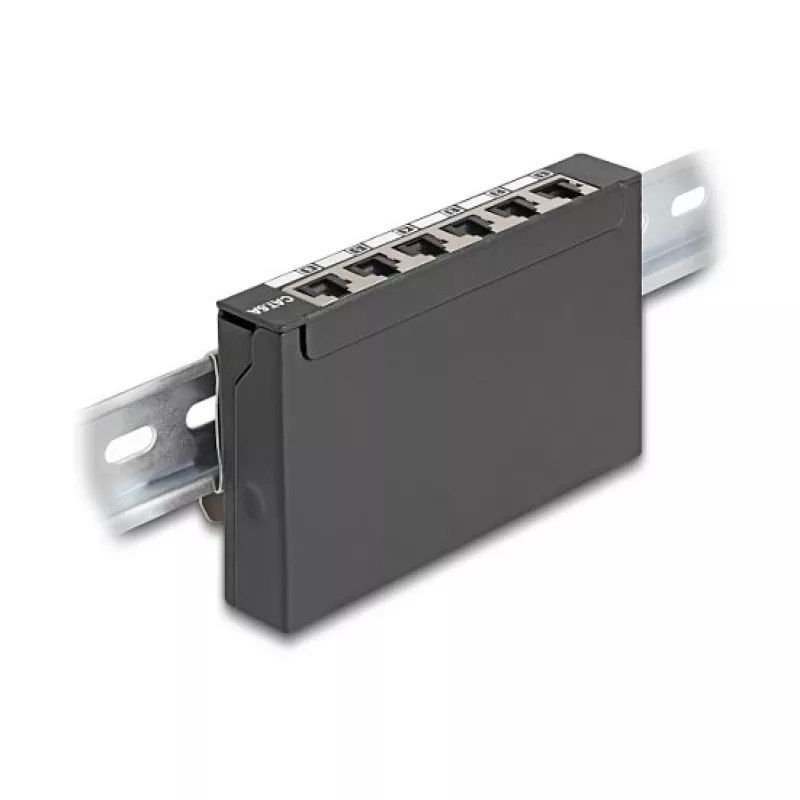 Plākstera panelis DELOCK Mini Desktop RJ45 6-portu Cat.6A ekranēts, metāla, melns, 80×22×125 mm