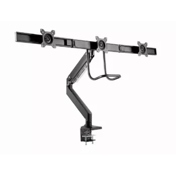 Galda monitora stiprinājums GEMBIRD MA-DA3-03, 3 sviras, gāzes atspere, VESA 75–100x100, atbalsta 3 displejus līdz 27 collām, maks. 18 kg, melns