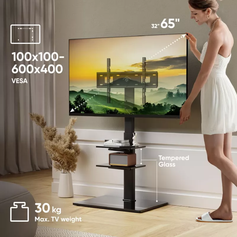 Grīdas TV statīvs ONKRON TS5550-B 32–65 collu (81,3–165,1 cm) ekrāniem, maks. slodze 30 kg, VESA 100x100–600x400, augstums 880–1080 mm, pagriešana ±25°