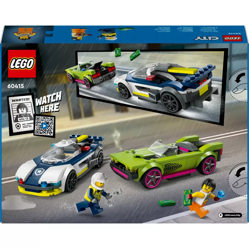 LEGO City rotaļu komplekts 60415 Policijas auto un muskuļauto pakaļdzīšanās — 213 elementi, 2 minifigūras, vecumam 6+