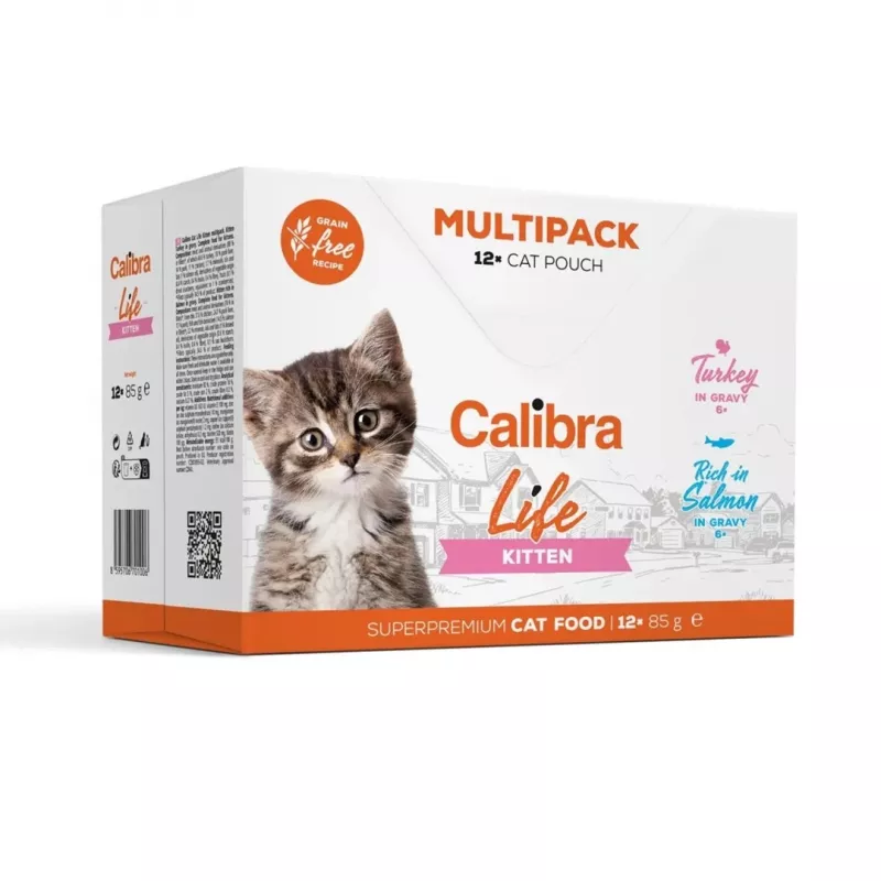Slapjā kaķu barība Calibra Life paciņa — lasis un tītara gaļa, kaķēniem, 85 g, bez graudiem, bez sojas, 12×85 g