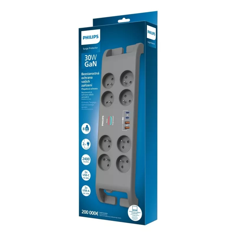 Strāvas sadalītājs ar pārsprieguma aizsardzību Philips ar 8 rozetēm un 4×USB