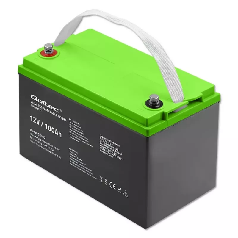 Gēla akumulators QOLTEC 53080 12V 100Ah — hermētisks uzlādējams akumulators rezerves barošanai