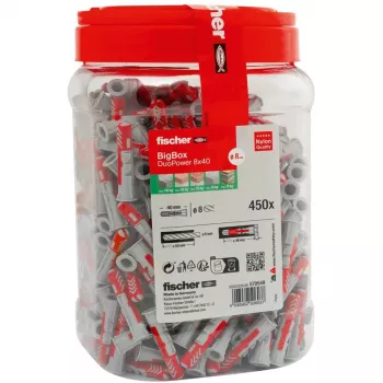 fischer sienas dībelis DUOPOWER 8x40 BigBox gaiši pelēks/sarkans 450 gab. atkārtoti noslēdzams (570549)