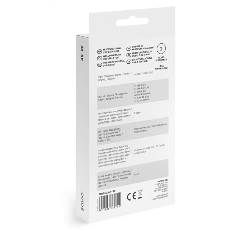USB Type-C centrālmezgls SAVIO AK-82 ar HDMI, MicroSD, USB 3.2 Gen1, PD caurlaidi, 4K@30Hz, 5000 Mbit/s, melns