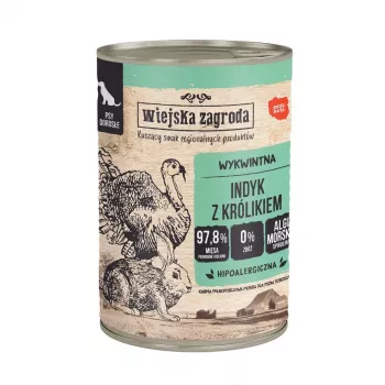 mitrā suņu barība wiejskazagroda Indyk z królikiem 400 g — pilnvērtīgs konservēts uzturs, tītara un truša, pieaugušiem, alerģiski jutīgiem