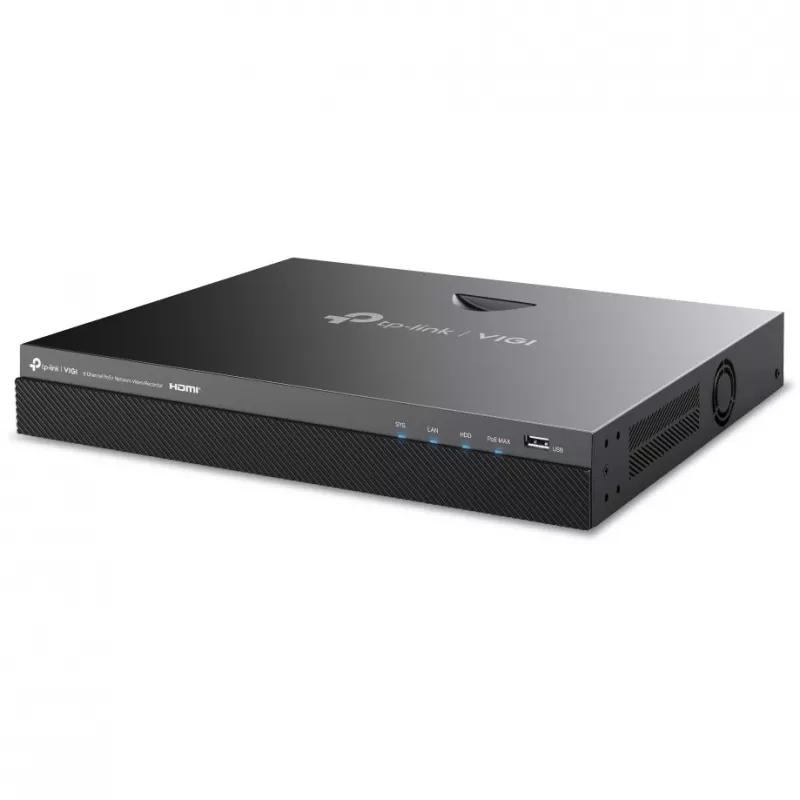 Tīkla videoreģistrators TP-Link VIGI NVR2008H-8MP-2TB — 8 kanālu, 4K (3840×2160), 2 TB SATA HDD, 9× RJ-45, melns