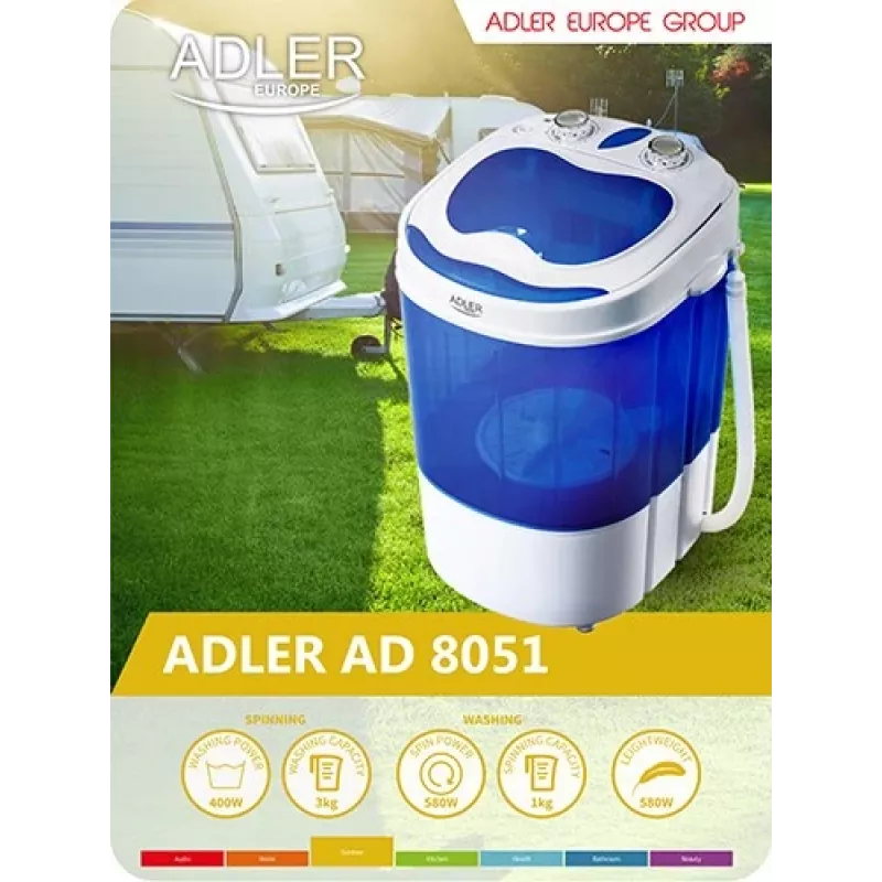 Adler | AD 8051 | Veļas mašīna | Energoefektivitātes klase | Augšas ielāde | Mazgāšanas ietilpība 3 kg | Nenoteikts RPM | Dziļums 37 cm | Platums 38 cm | Balta/Zila