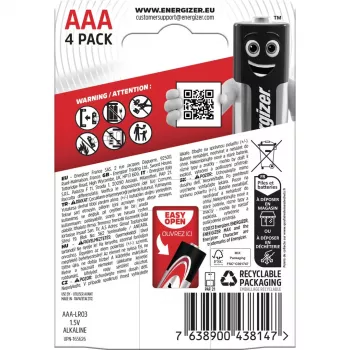 Energizer sārma baterijas Max Aaa LR03, 4 gab., ekoloģisks iepakojums