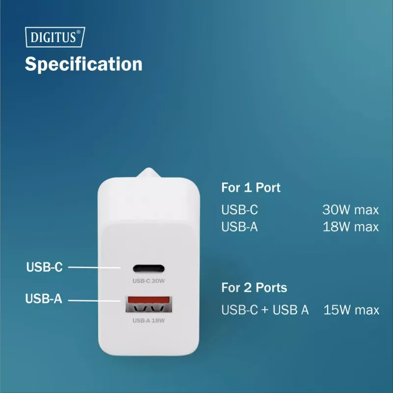 AC iekštelpu USB GaN lādētājs DIGITUS DA-10301 — 30W, 1× USB-C, 1× USB-A, 100–240V, balts