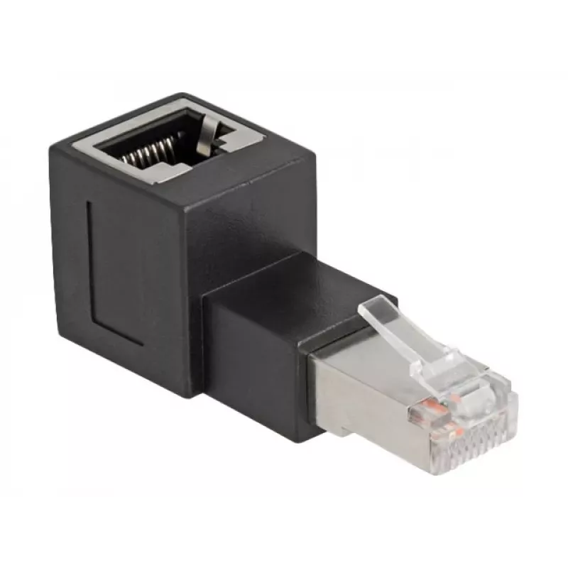 DeLOCK RJ45 spraudnis uz RJ45 ligzdu adapteris Cat.6A 90° uz augšu leņķis Melns
