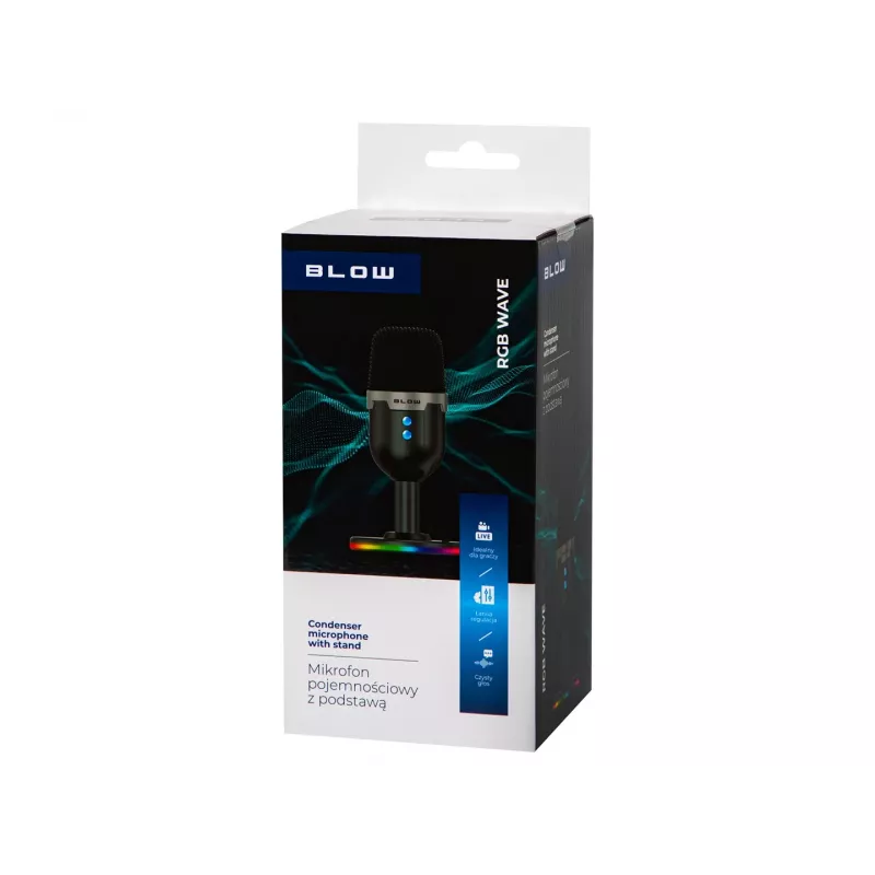 Studijas mikrofons BLOW ar LED statīvu — vadu USB 2.0, 20–16000 Hz, jutība -50 dB, 237 g