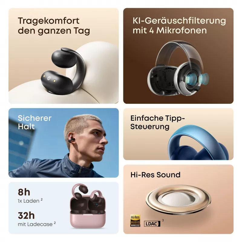 ANKER Soundcore AeroClip zils atvērtā tipa klipša tipa austiņas Hi-Res skaņa LDAC NC IP55 mākslīgā intelekta uzlaboti tālruņa zvani