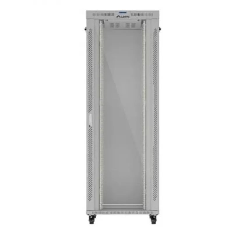 Rack cabinet LANBERG FF01-8047-12SL 47U 800x1000 mm pelēks ar priekšējām un aizmugurējām stikla durvīm un LCD paneļa vietu
