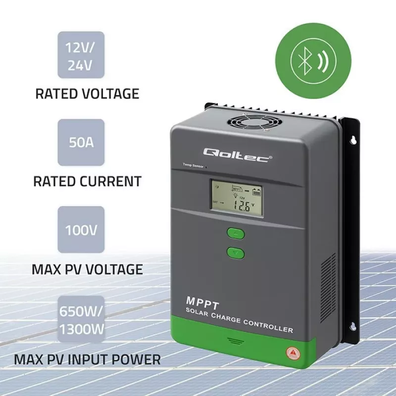 Saules uzlādes kontrolieris QOLTEC MPPT 50A 12V/24V ar LCD, modelis 53664