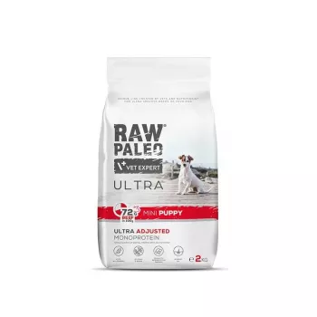 Sausā suņu barība VETEXPERT RAW PALEO Ultra Mini Puppy Beef 2 kg — sausā granulu barība mazu šķirņu kucēniem, 30,5% olbaltumvielu, 16,5% tauku
