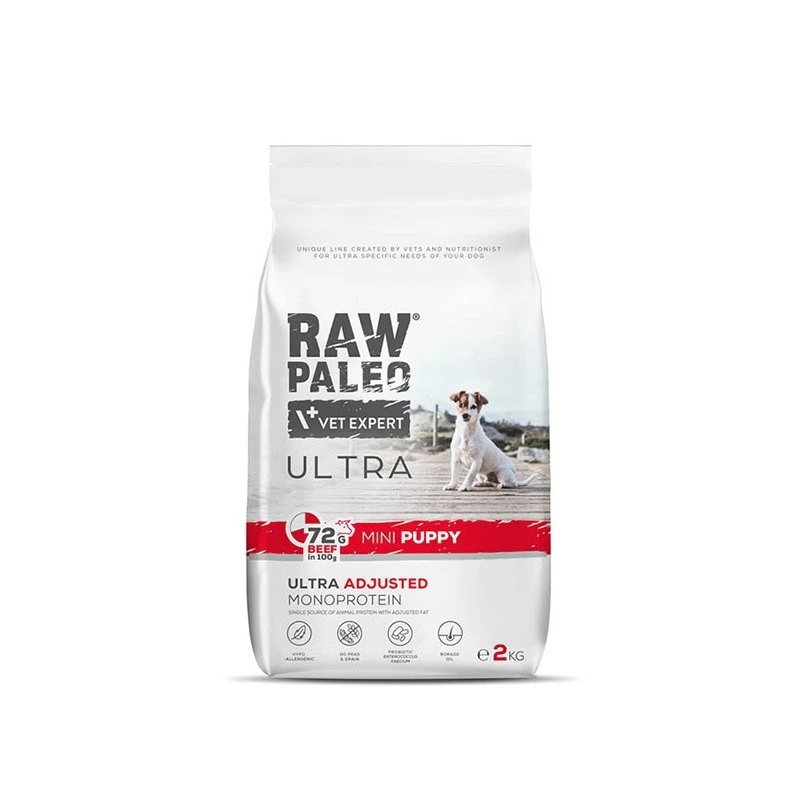 Sausā suņu barība VETEXPERT RAW PALEO Ultra Mini Puppy Beef 2 kg — sausā granulu barība mazu šķirņu kucēniem, 30,5% olbaltumvielu, 16,5% tauku