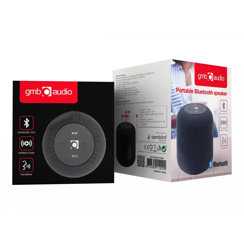 Mono pārnēsājamais skaļrunis Gembird SPK-BT-15-BK — 5 W RMS, Bluetooth, MicroSD, 1200 mAh, melns
