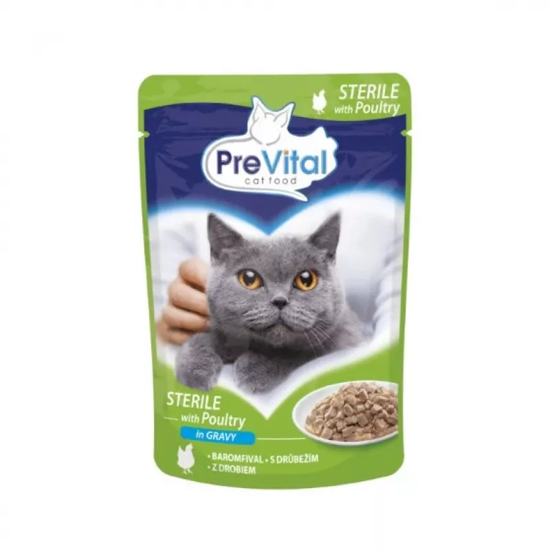 Mitrā kaķu barība PREVITAL Cat Food Mix 4 Flavors — Vistas, teļa gaļas, laša, mājputnu, 96 x 100 g paciņas (9,6 kg, pieaugušiem kaķiem)