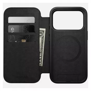 Mobilā tālruņa ādas vāciņš Nomad Modern Leather Folio Cover iPhone 17 Pro, 16 cm (6,3 collas), melns, 4 karšu kabatiņas