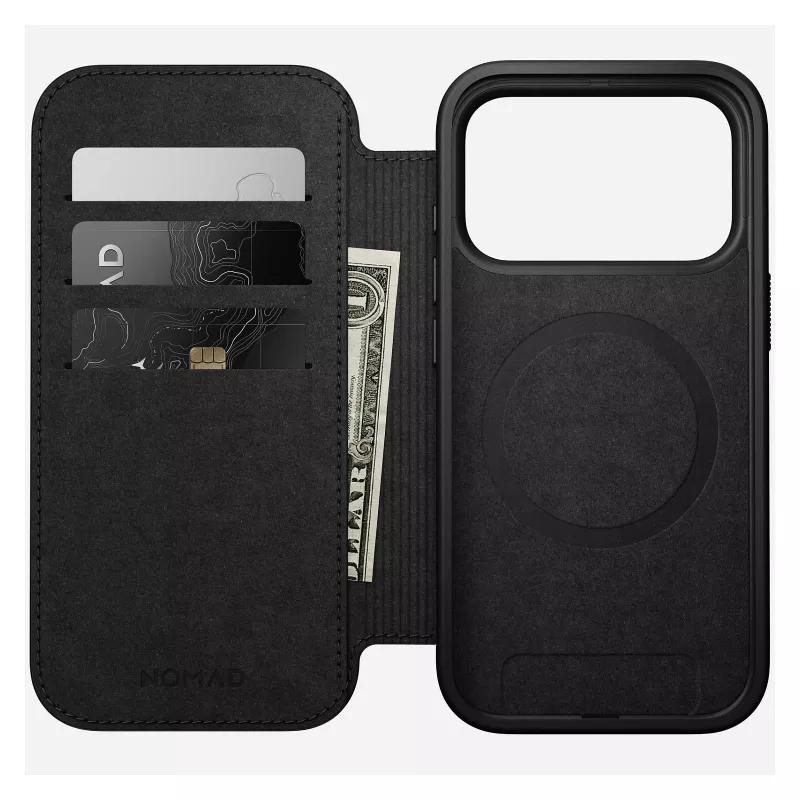Mobilā tālruņa ādas vāciņš Nomad Modern Leather Folio Cover iPhone 17 Pro, 16 cm (6,3 collas), melns, 4 karšu kabatiņas