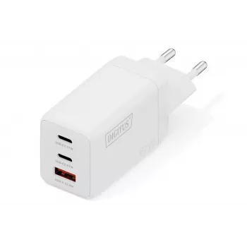 Wall charger DIGITUS DA-10303 67W GaN, 2× USB-C + 1× USB-A, 100–240V, balta