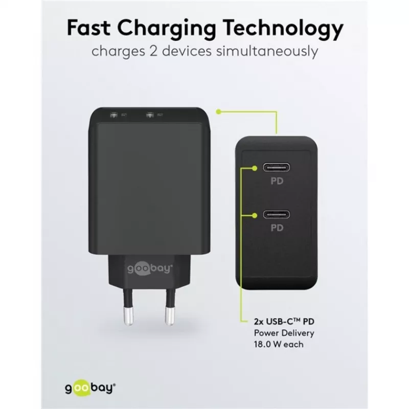 Iekštelpu lādētājs Goobay 61757 ātrā uzlāde USB Type-C 2 pieslēgvietas melns