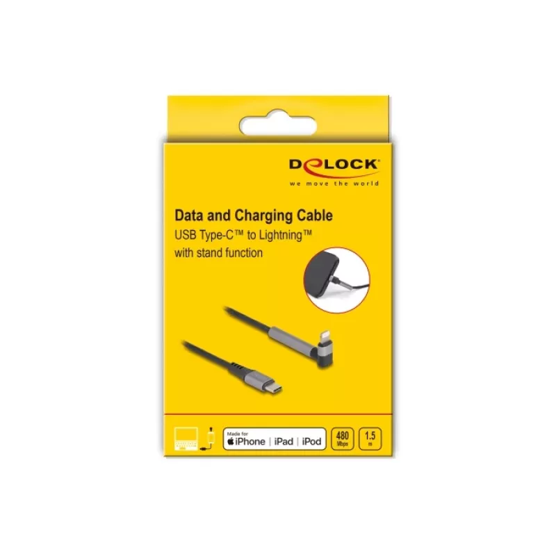 USB Type-C uz Lightning uzlādes un datu kabelis ar leņķveida savienotāju un statīva funkciju, DELOCK 1.5 m, 9 V 3 A (MFi)