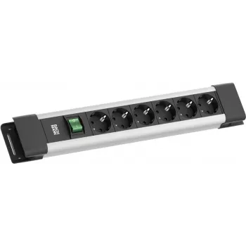 Elektrības sadalītājs Bachmann CONNECTUS ar 6× CEE7/3 kontaktligzdām, 1× slēdzi, 2,0 m kabeli, CEE7/7 spraudni, pelēks