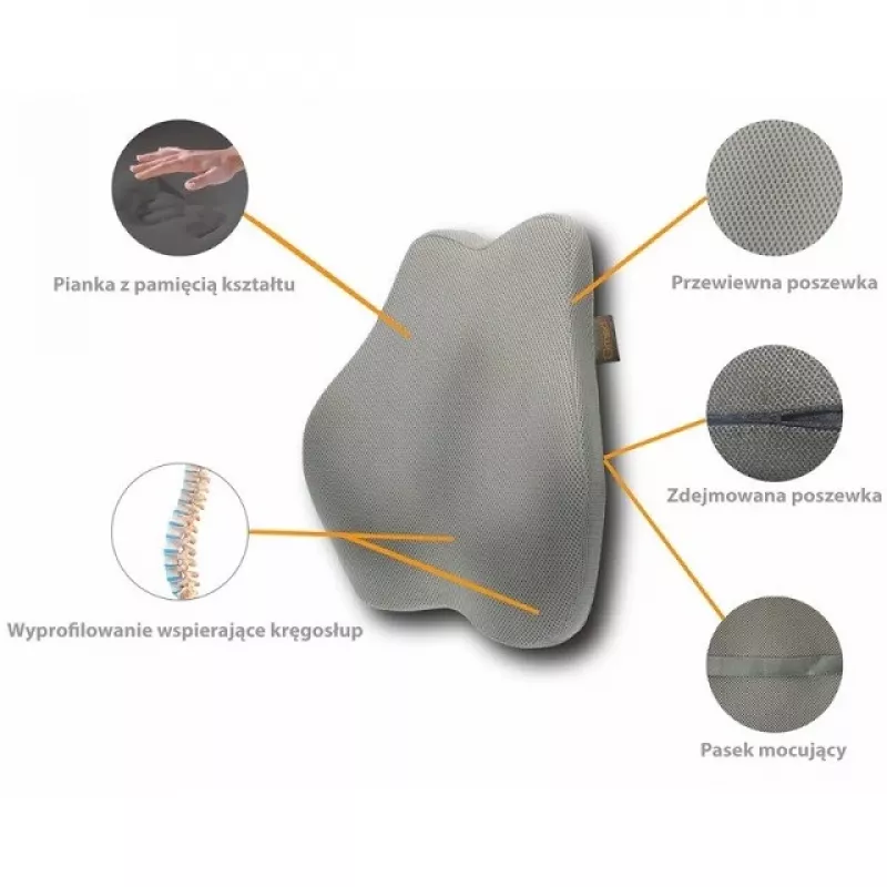 Jostas atbalsta spilvens MDH DRQE3S0BBXUXP — ergonomisks, no atmiņas putām, 450×410×105 mm, blīvums 55 kg/m³, pelēks, komplektā futrālis