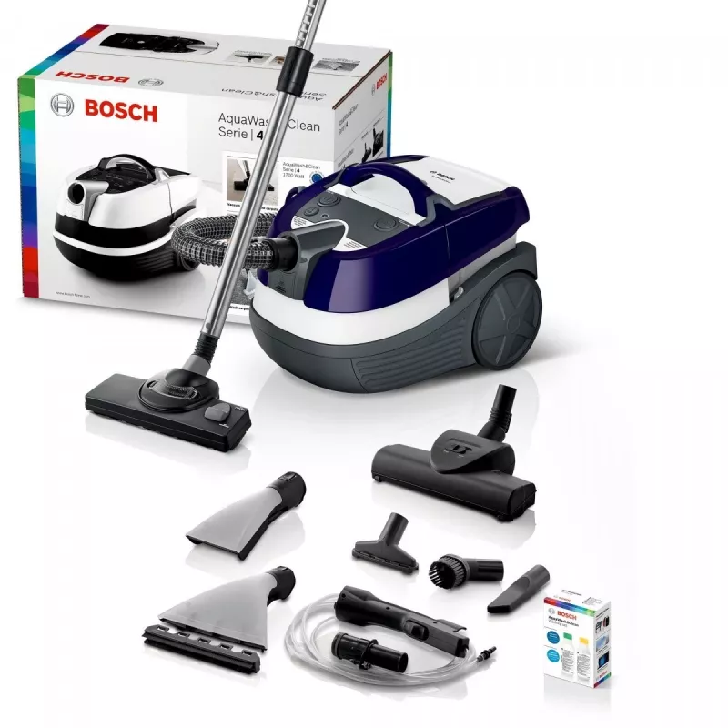 Mitrā un sausā putekļsūcējs Bosch BWD 41740 AquaWash&Clean — 1700 W, 5 L tvertne, EPA filtrs, teleskopiskā caurule, 9 m rādiuss, violets