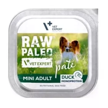 Mitrā suņu barība VETEXPERT RAW PALEO Pâté Mini Adult Duck 150 g — pilnvērtīga mitrā barība maziem pieaugušiem suņiem, 82,5% mitrums, 8% olbaltumvielas