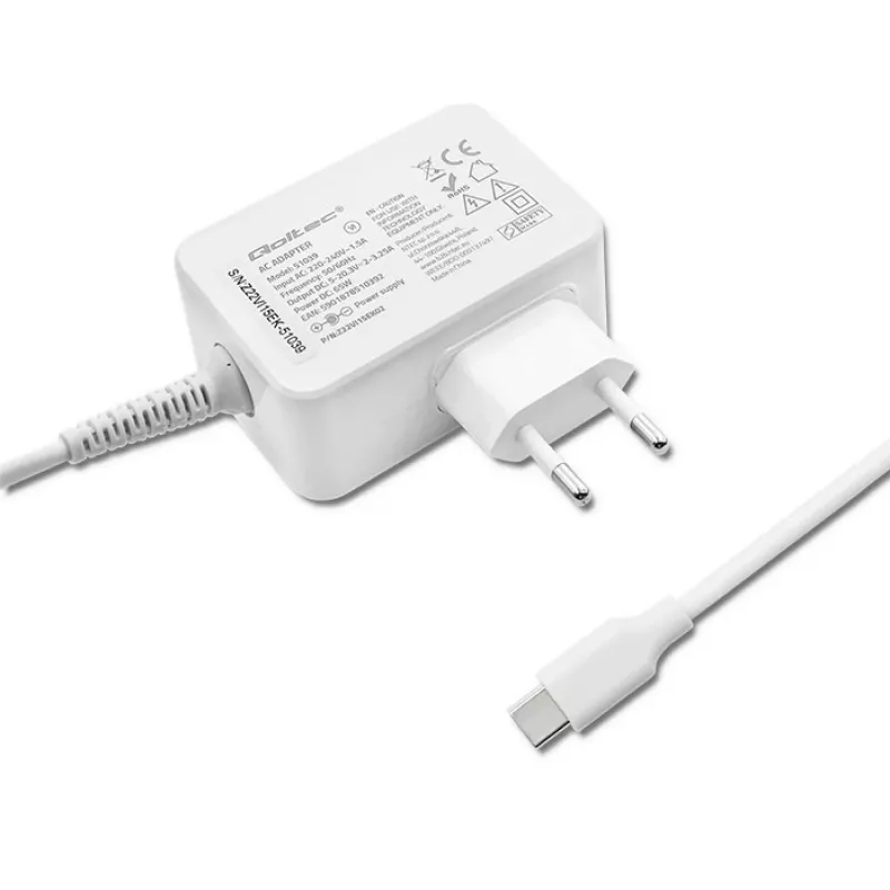 Barošanas adapteris QOLTEC 51039 65W AC-to-DC 220–240V 20.3V/3.25A Type C balts, 1.7 m kabelis