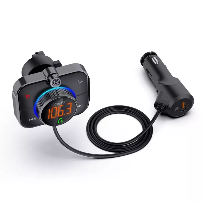 FM raidītājs SAVIO TR-14 Bluetooth USB, FM 87.6–107.9 MHz, MicroSD, USB-C, 12 V automašīnas barošana