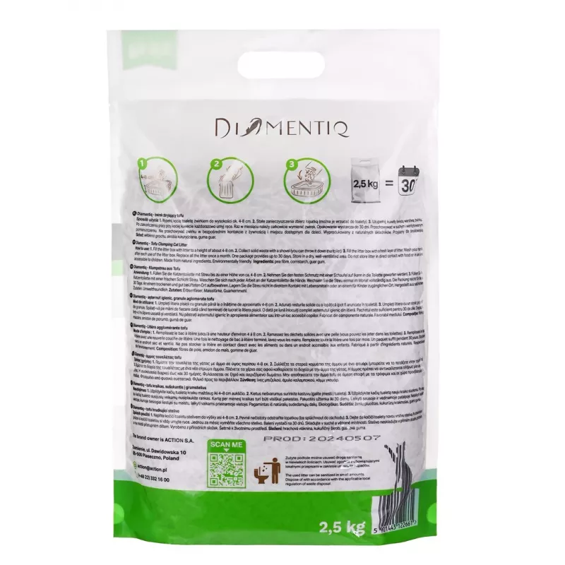DIAMENTIQ Tofu Neutral Ultra clumping - augu valsts pakaiši - 2.5 kg