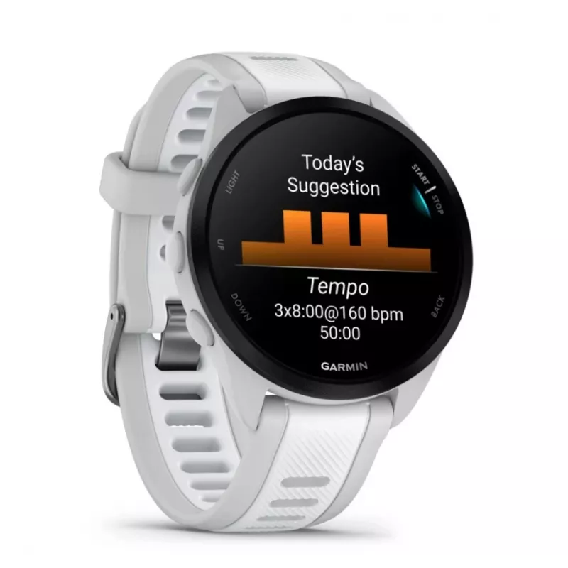 Viedpulkstenis GARMIN Forerunner 165 — GPS, AMOLED 1,2 collas, 4 GB, 5 ATM, 11 dienu akumulators, pelēks korpuss, balta siksniņa