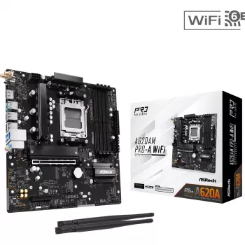 Mātesplate ASRock A620AM Pro-A WiFi AM5 mATX — AMD A620, Socket AM5, DDR5 līdz 256 GB, Wi‑Fi 6E, 2.5Gb LAN, HDMI 2.1