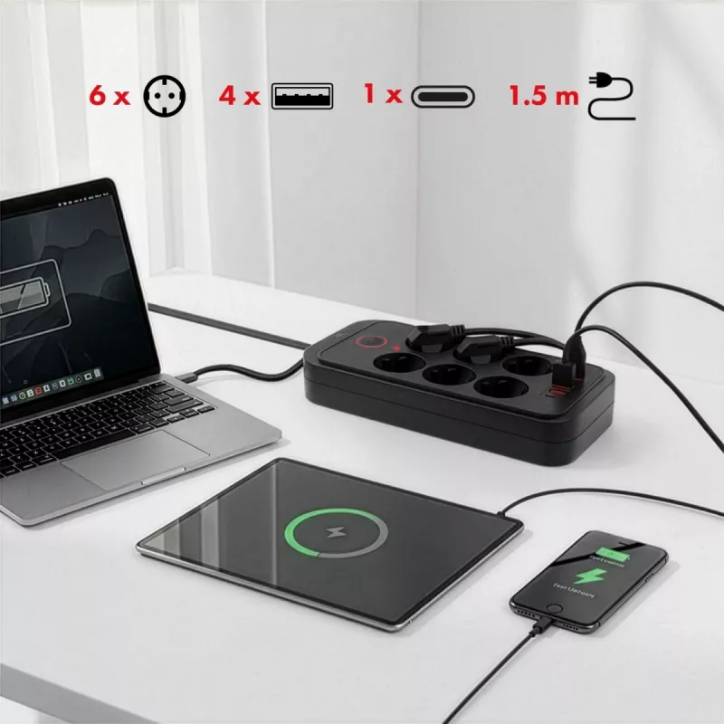 Strāvas sadalītājs MACLEAN MCE389 B — 6 rozetes, 4×USB-A + 1×USB-C, 110–240V, 2.1A, 2500W, 1,5 m kabelis, melns