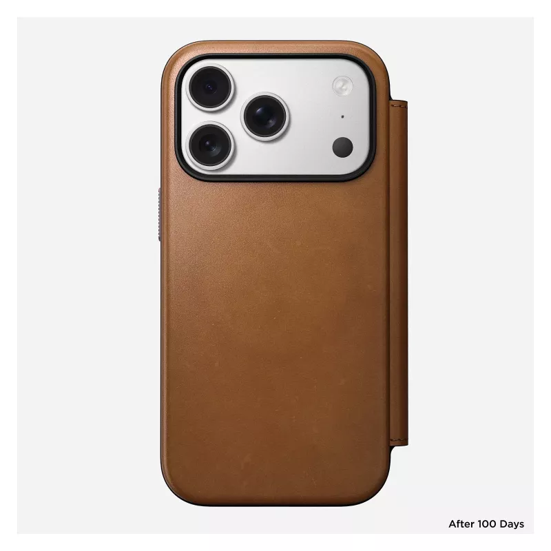 Atvāžamais tālruņa maciņš Nomad Modern Leather Folio iPhone 17 Pro, āda + alumīnijs, 6,3 collas (16 cm), iedegums, 3 karšu kabatas