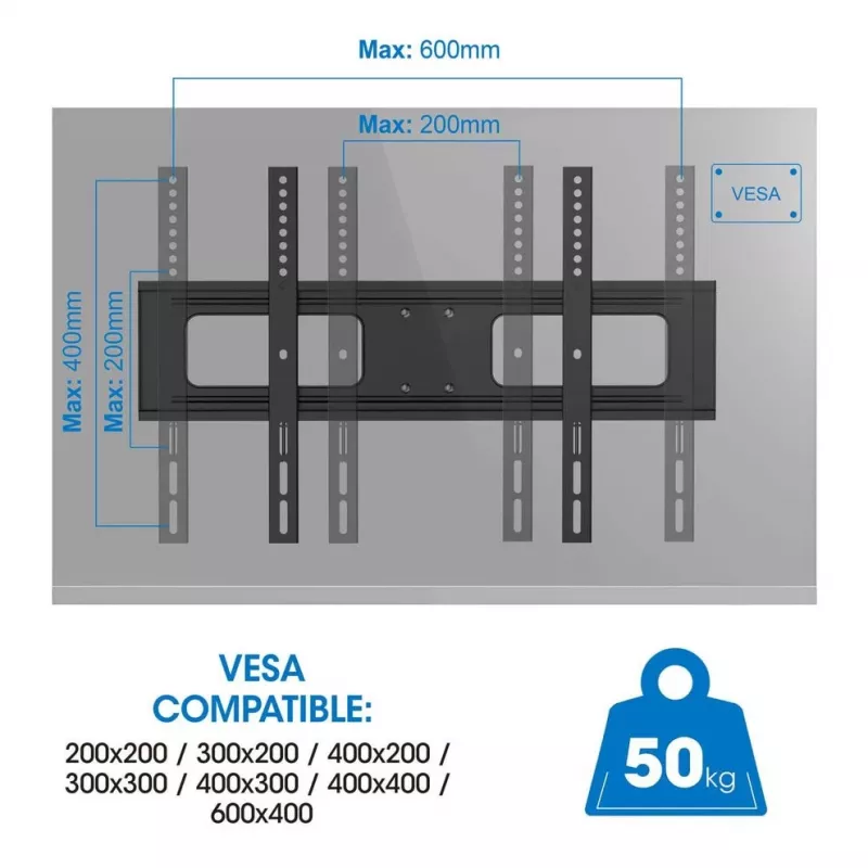 Manhattan āra sienas stiprinājums televizoriem un monitoriem, pilnas kustības, 37-65 collu ekrāniem, VESA 200x200-600x400 mm, līdz 50 kg, noturīgs pret laikapstākļiem, melns