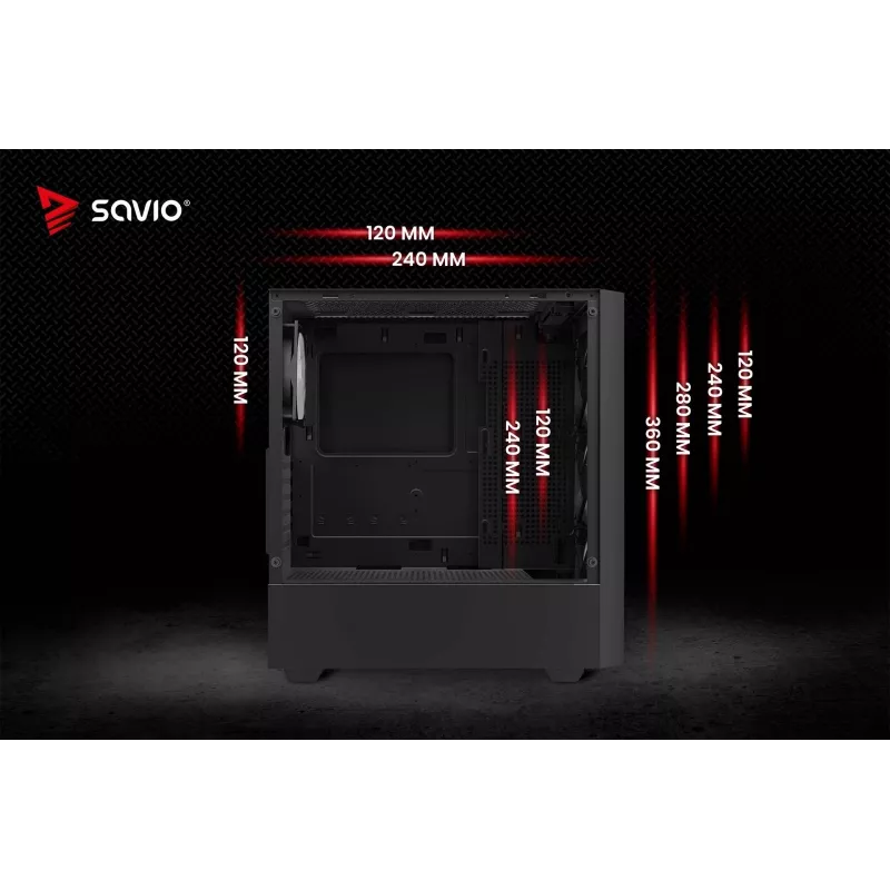 PC korpuss SAVIO Noctis Flow RGB — Cube, ATX/Mini-ITX, 3x 120 mm priekšējie ventilatori, rūdīta stikla sānu panelis, max GPU 35 cm