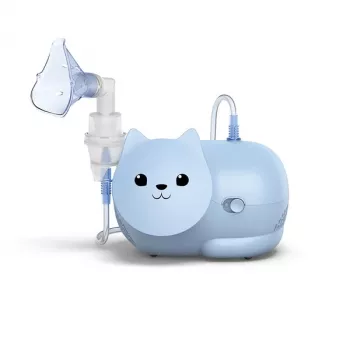 Mesh smidzinātājs Omron Nami Cat NE-C303K-KDE — galda inhalators, 0,35 ml/min, bērniem un pieaugušajiem, zils, 235×148×157 mm