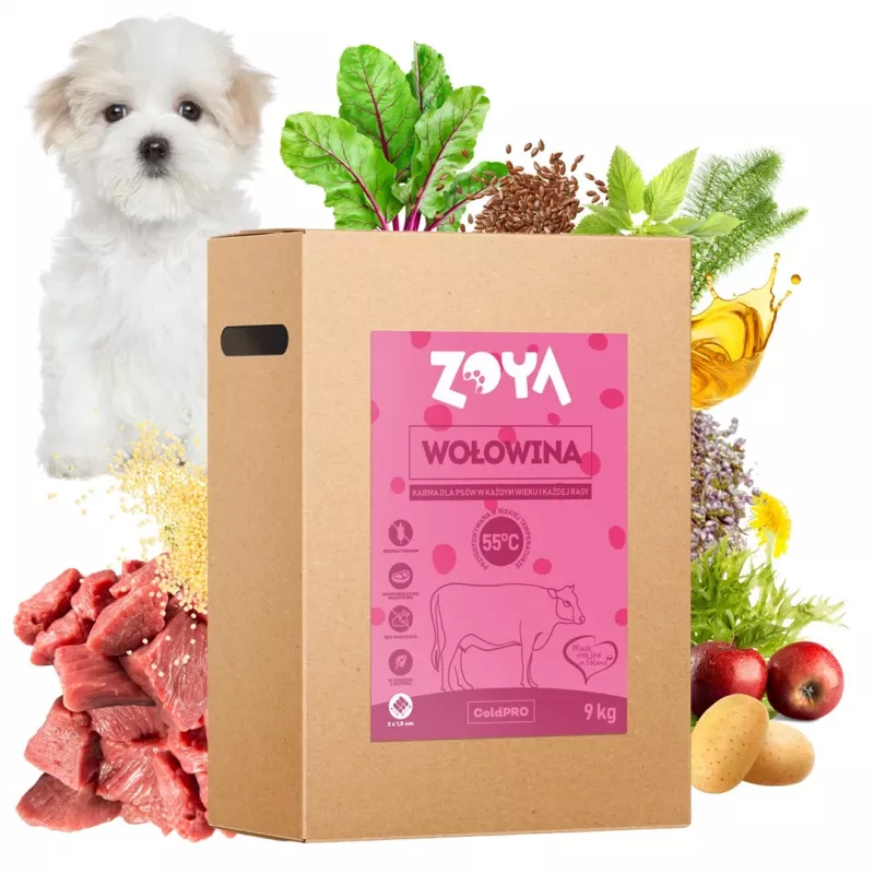 Sausā suņu barība ZOYA ColdPRO Beef 9 kg — pilnvērtīga pieaugušo suņu sausā barība, 27% olbaltumvielu, 9,5% tauku, bez lipekļa, bez cukura
